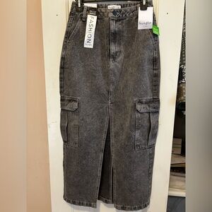 love, Fire Gray Denim Midi Skirt